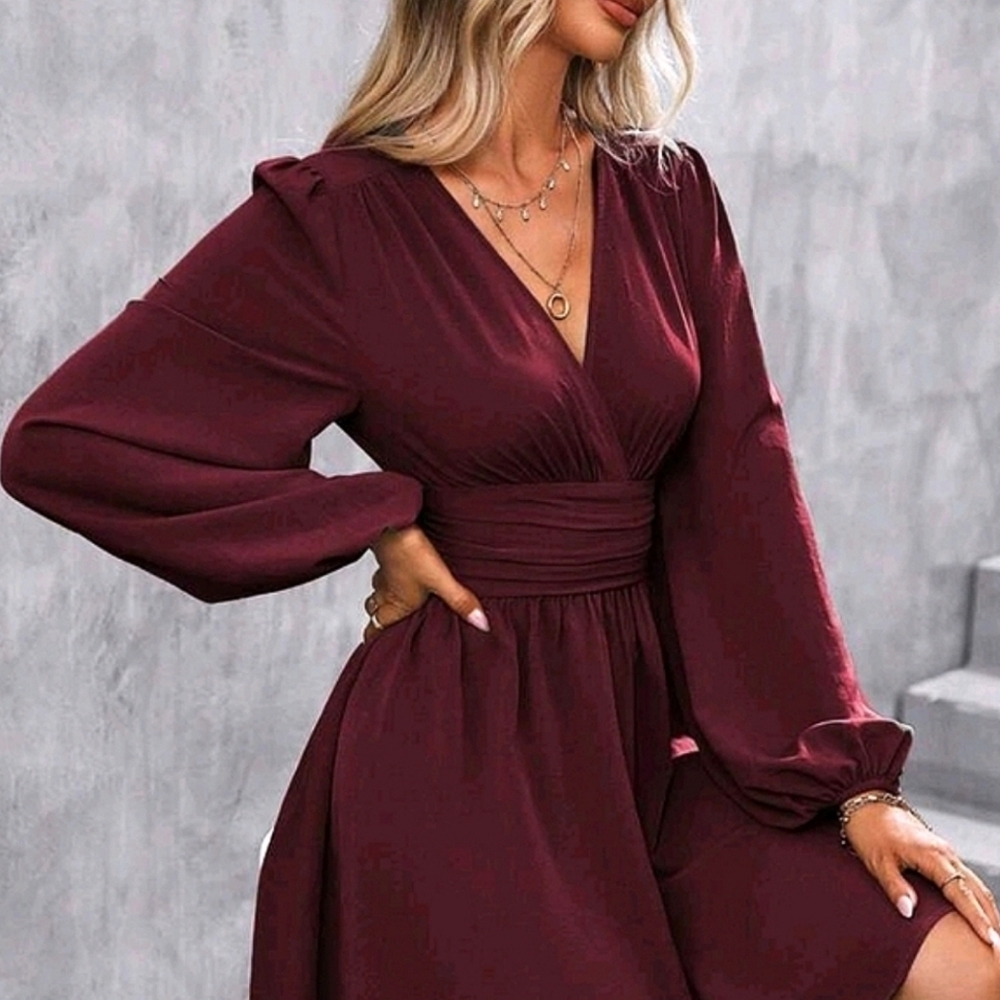 NEW Chic Ruched Waist Lantern Sleeve Dress Burgundy Red - Picture 3 of 9